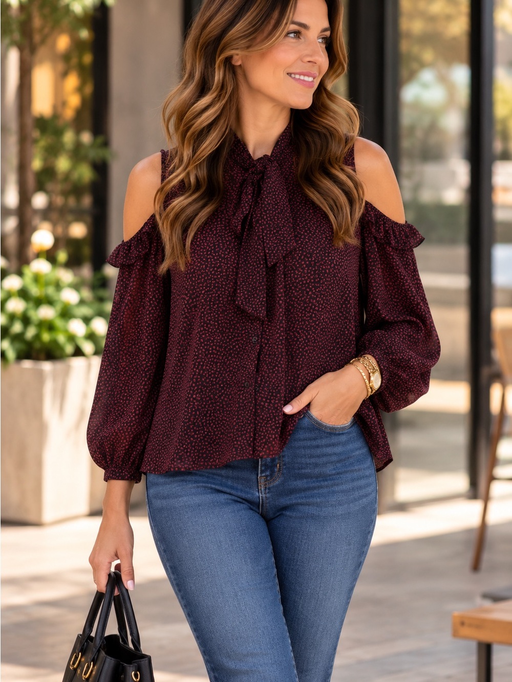 French Connection Burgundy Cold-Shoulder Bow-Neck Blouse